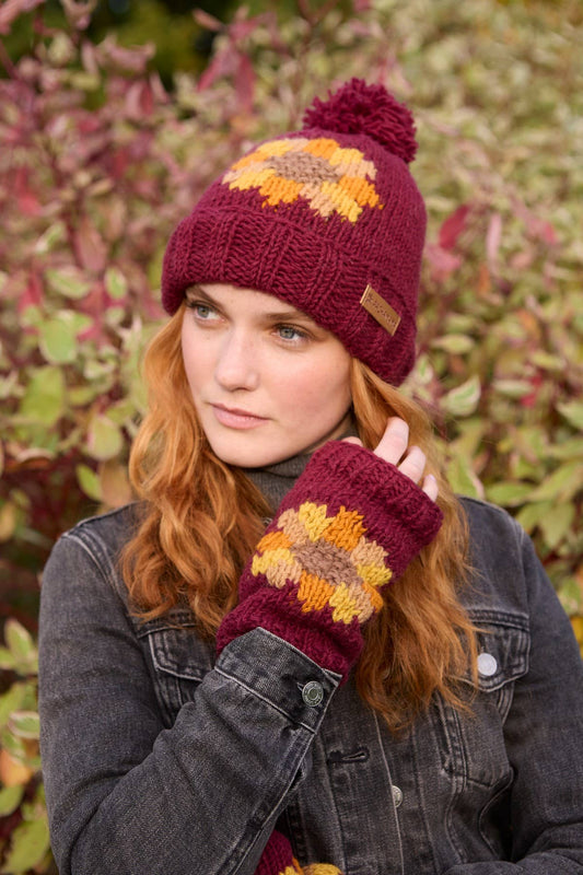 Sunflower Bobble Hat Burgundy Red Floral Motif Burgundy