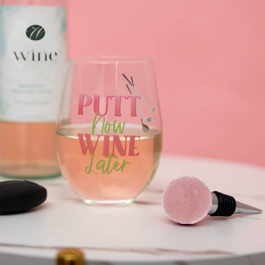 Wine Later - Bottle Stopper and 18 oz Stemless Gift Set