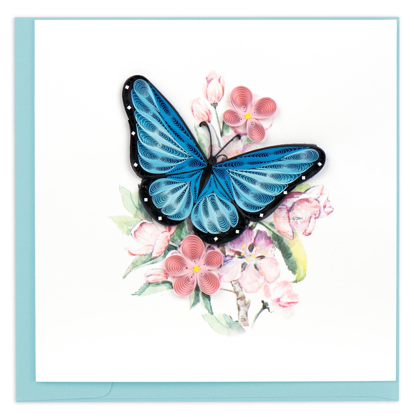 Quilled Blue Butterfly & Pink Flowers Greeting Card
