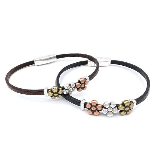 Daisy Chain Leather Bracelet Black / L (8")