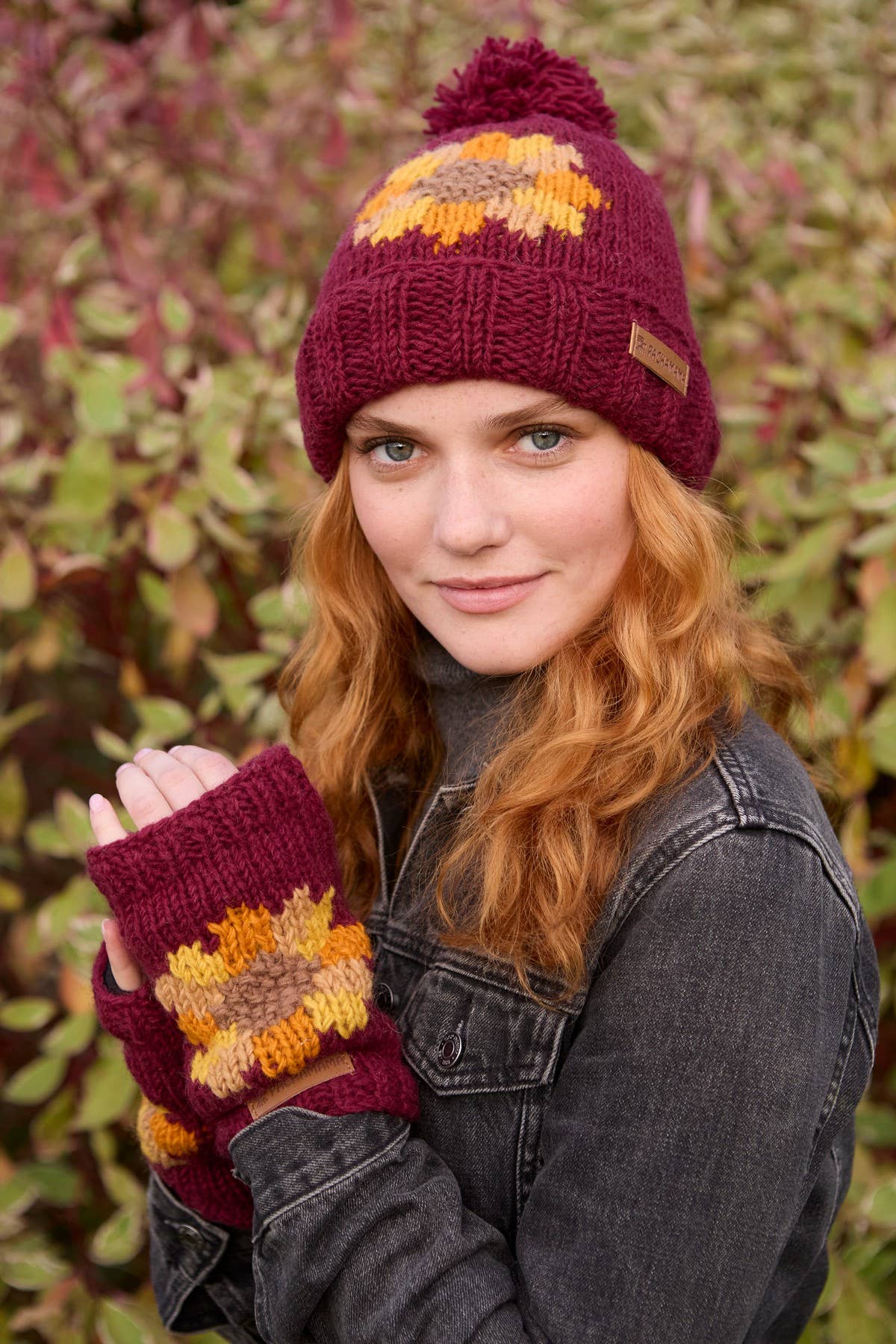 Sunflower Bobble Hat Burgundy Red Floral Motif Burgundy