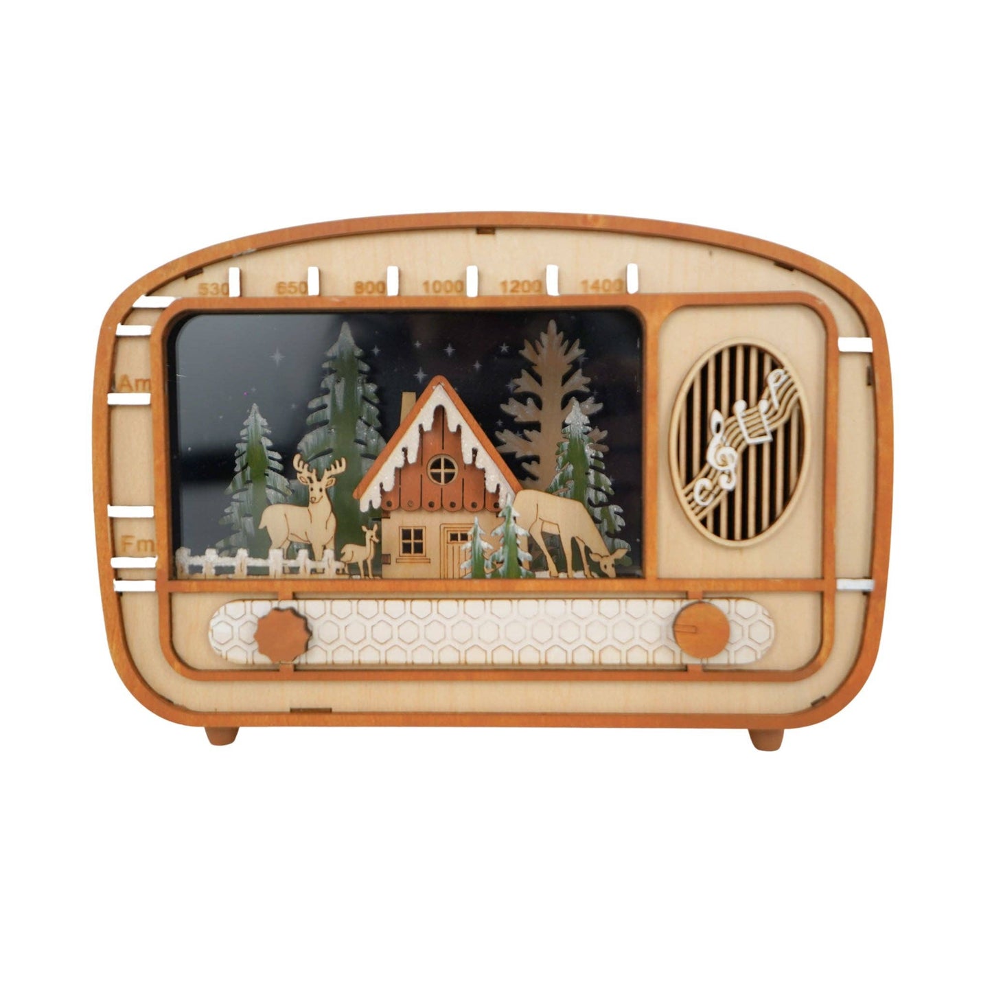 Natural Radio Lighted Wooden Deer Forest Scene