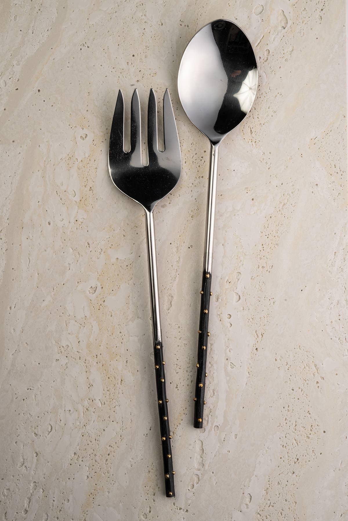 Stainless Steel Black & Gold Dot Handle Servers S/2