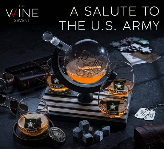 US Army Globe Whiskey Decanter Set W/4 Liquor Glasses