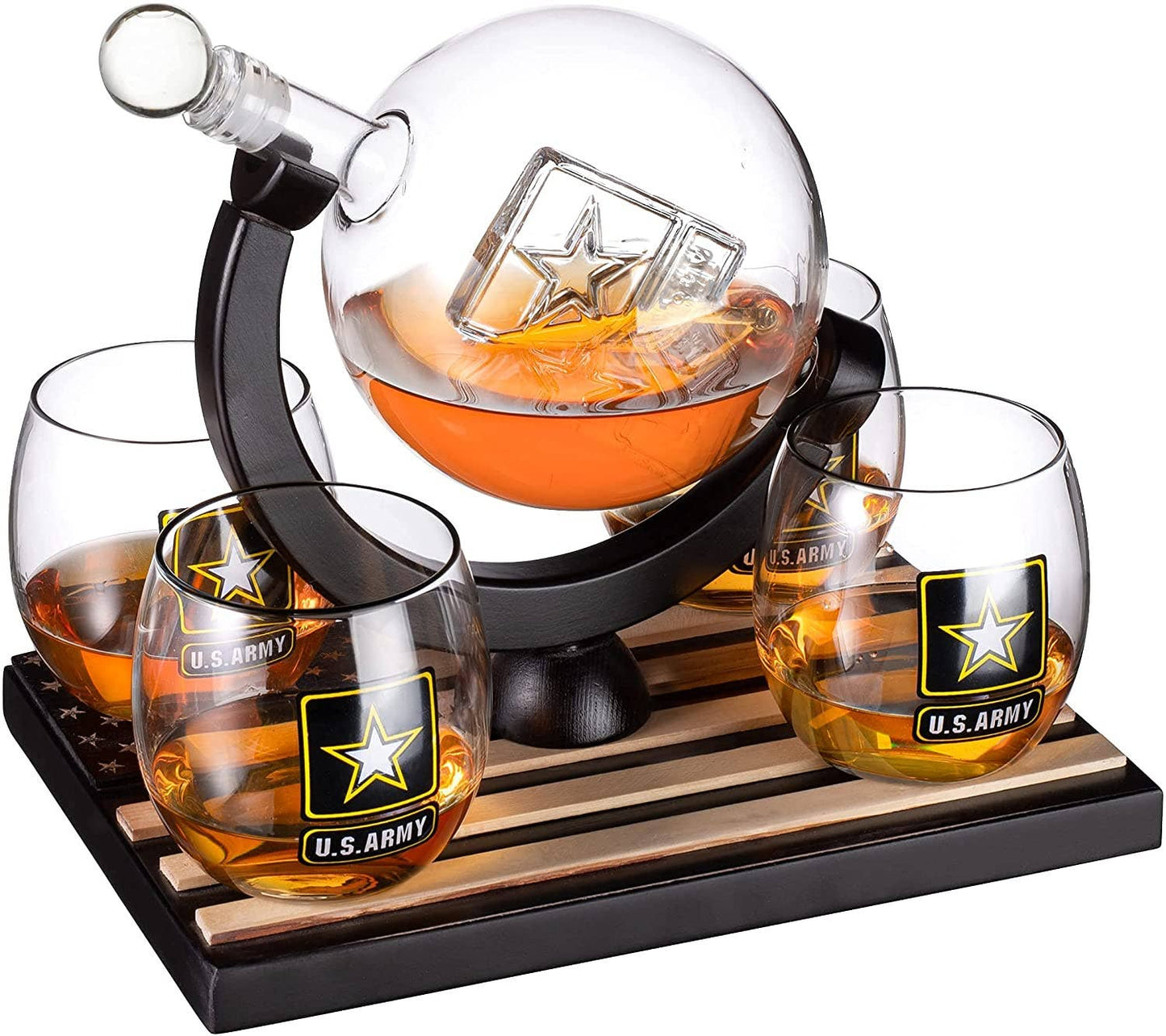 US Army Globe Whiskey Decanter Set W/4 Liquor Glasses
