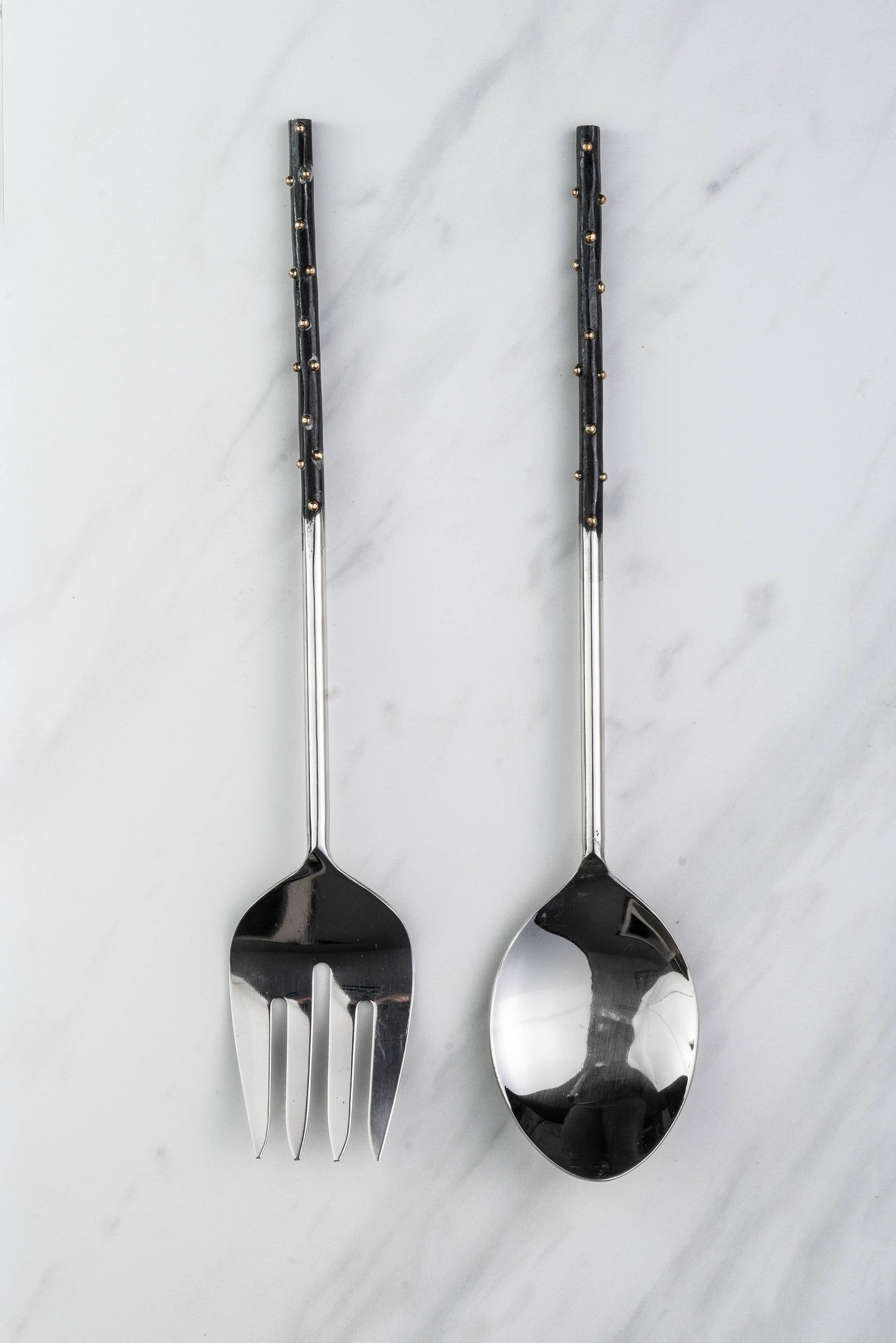 Stainless Steel Black & Gold Dot Handle Servers S/2