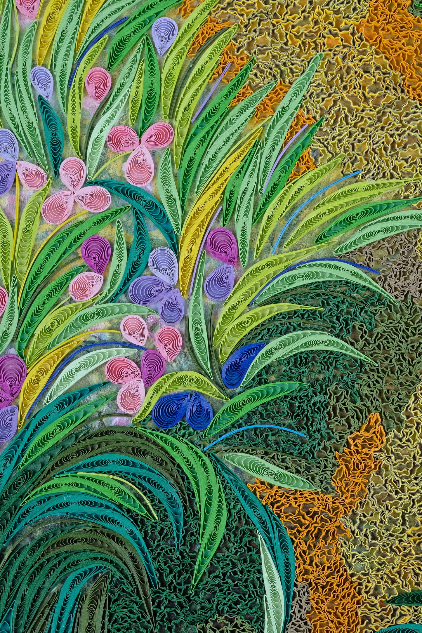 Quilled Path through the Irises, Monet Art (11in x 11in.)