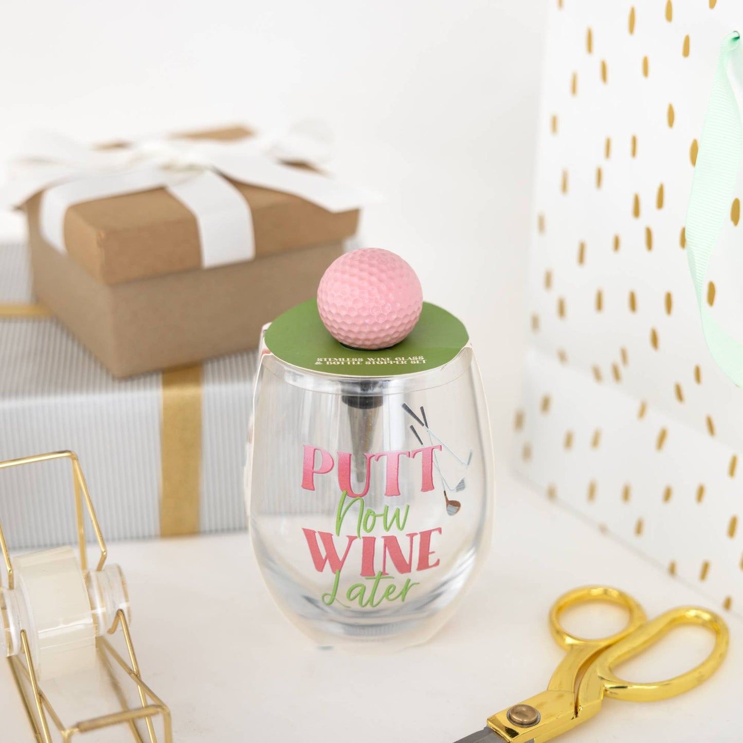 Wine Later - Bottle Stopper and 18 oz Stemless Gift Set