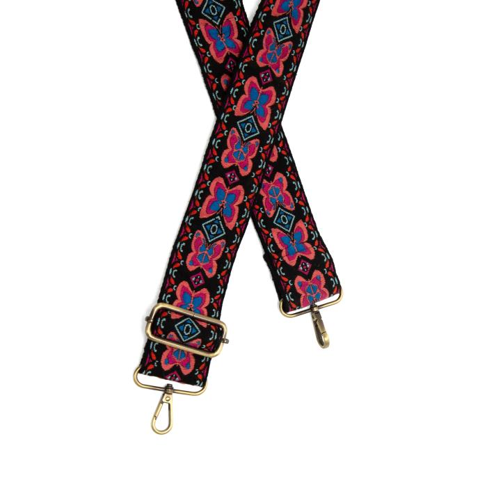 Black Coral Butterfly Embroidered Guitar Strap