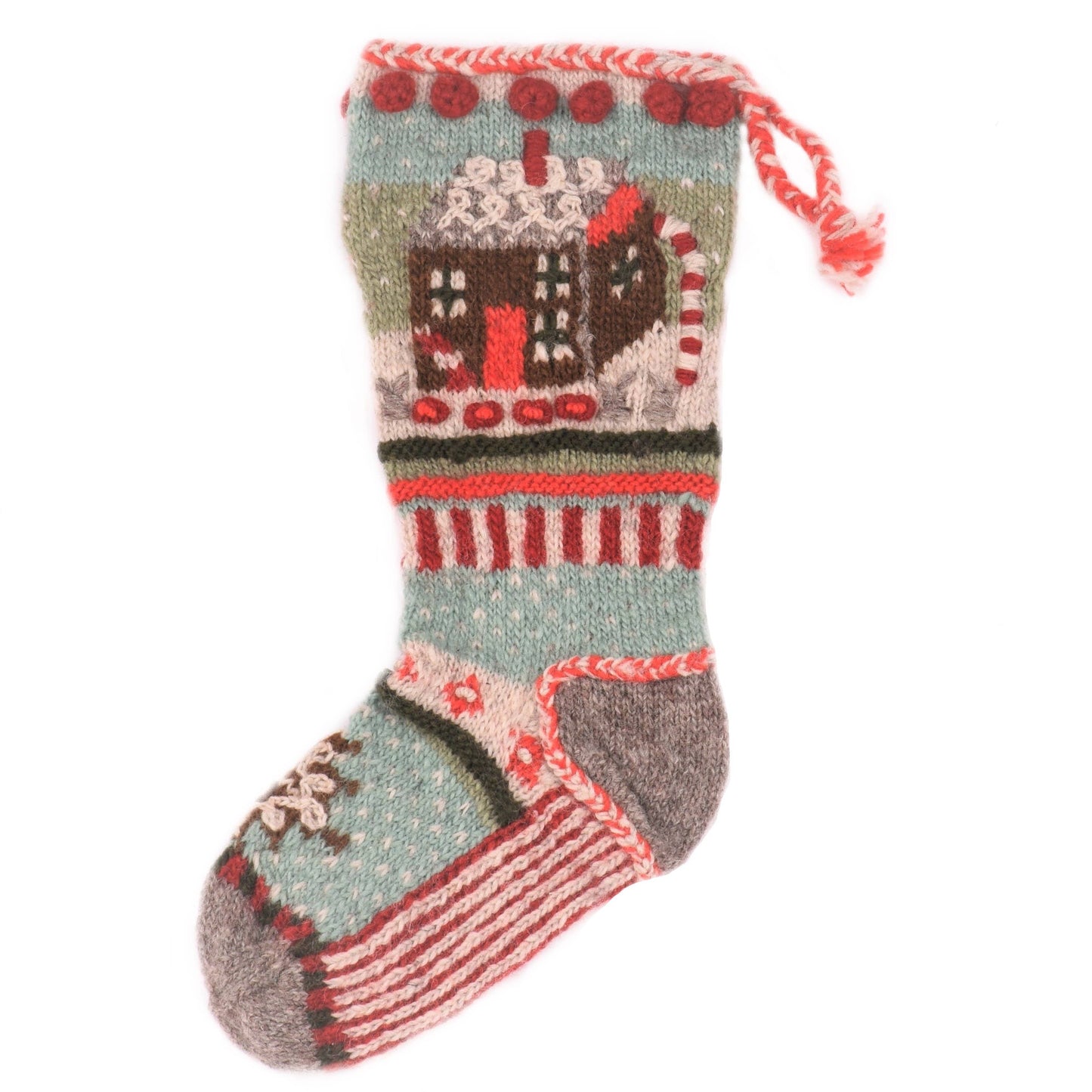 Gingerbread House - wool knit Christmas stocking: Light natural