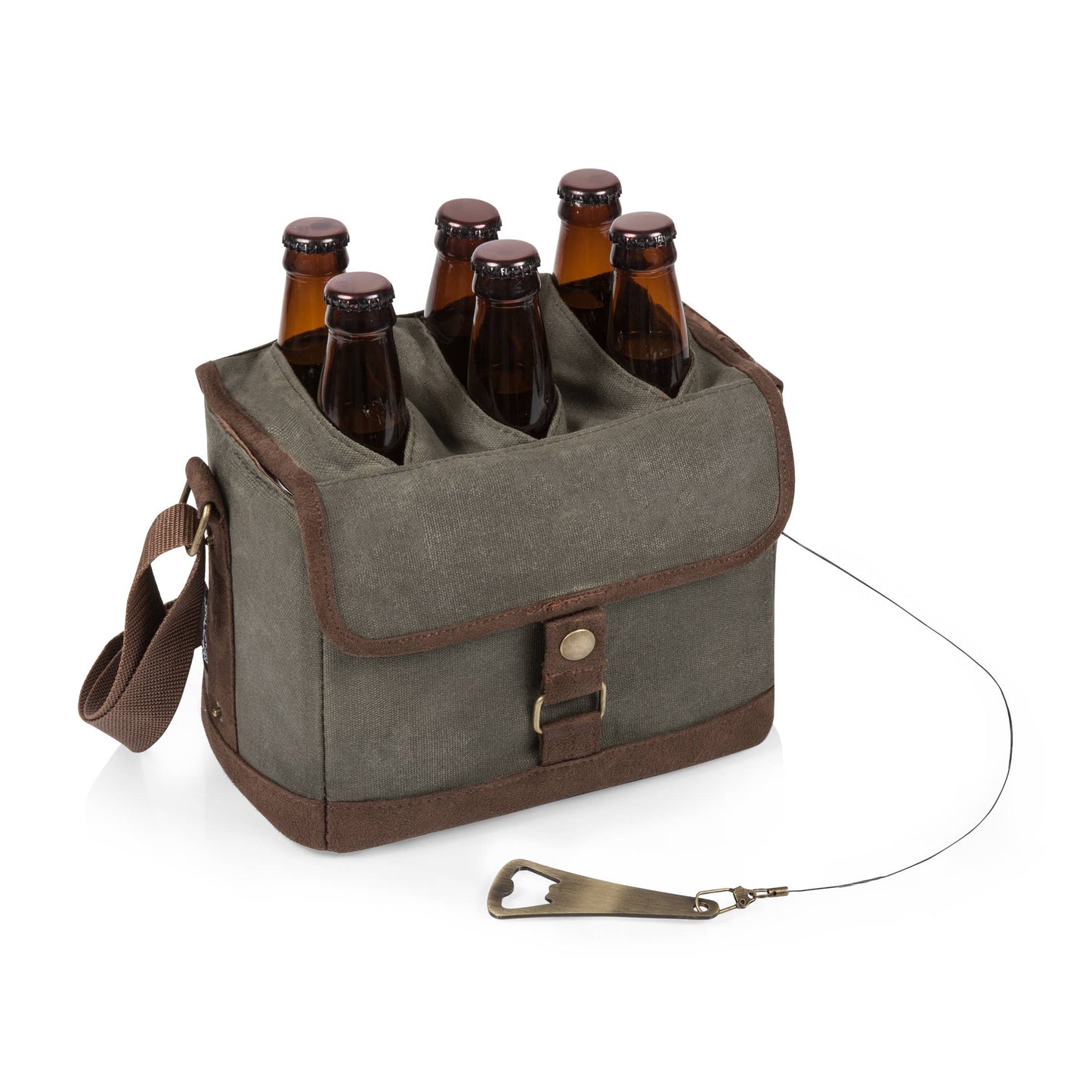 Beer Caddy Cooler Tote with Opener: Black with Brown Accents