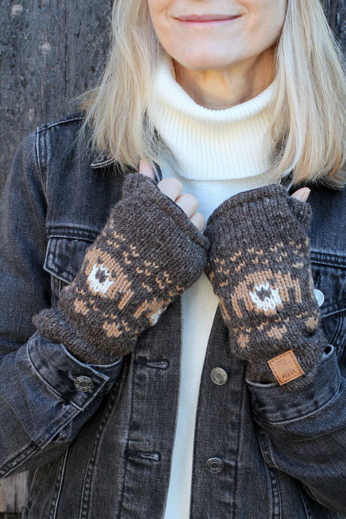 Pooch Dog Fingerless Gloves Bark Brown