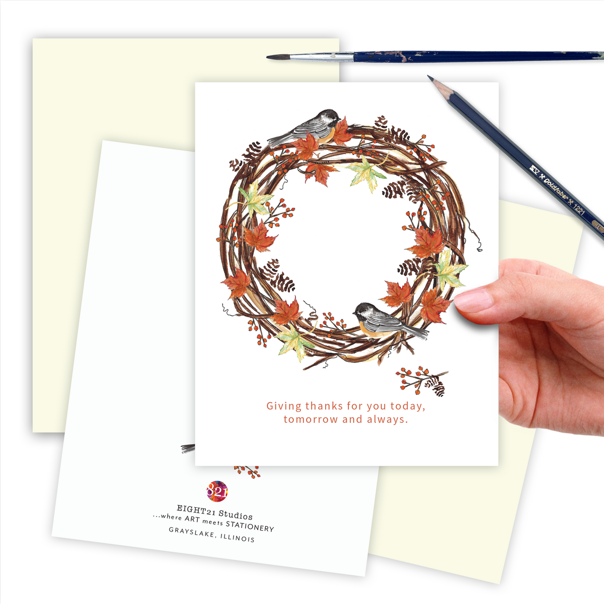 Woodsy Fall Wreath Thanksgiving Birds Thankful Card
