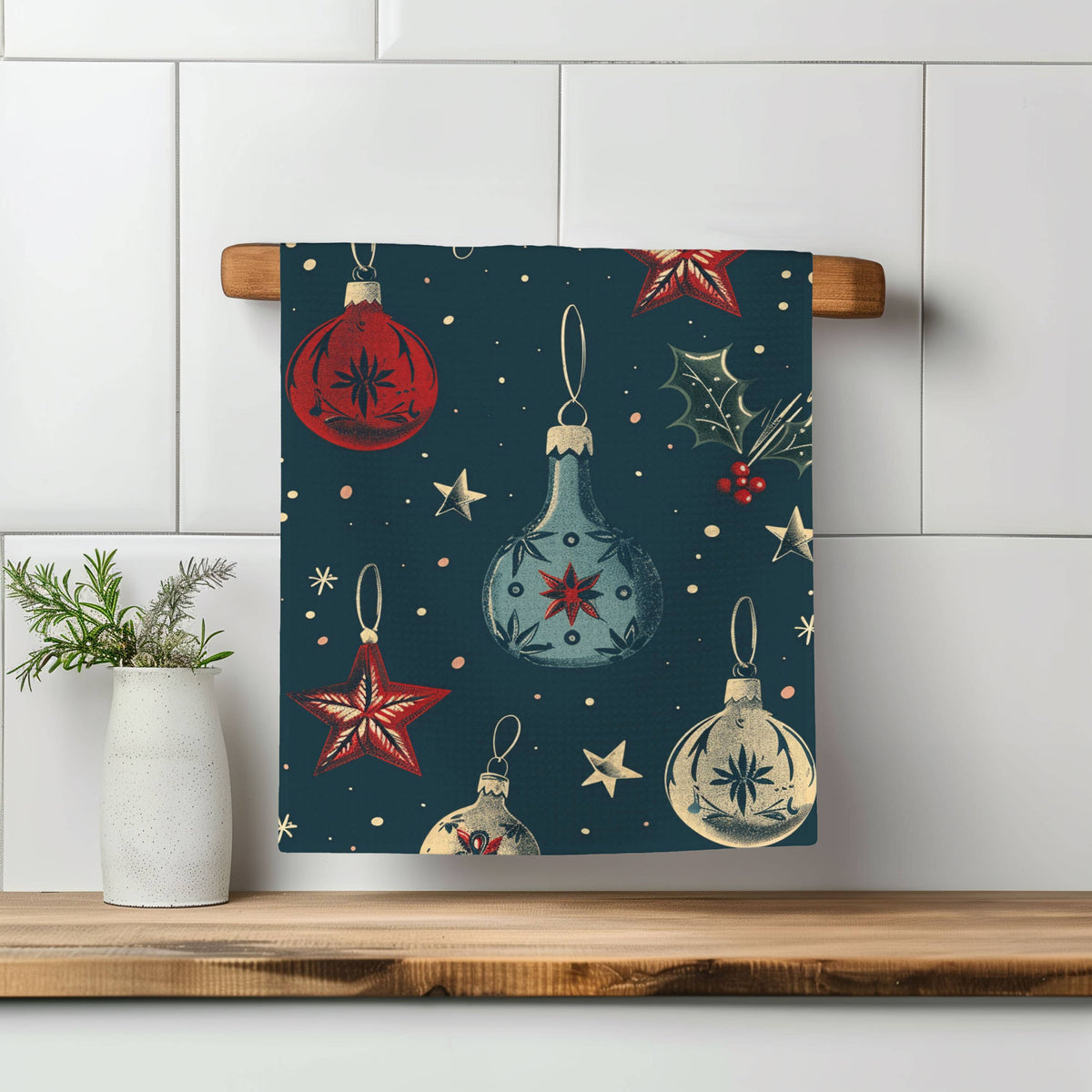 Christmas Tree Navy Ornaments Towel