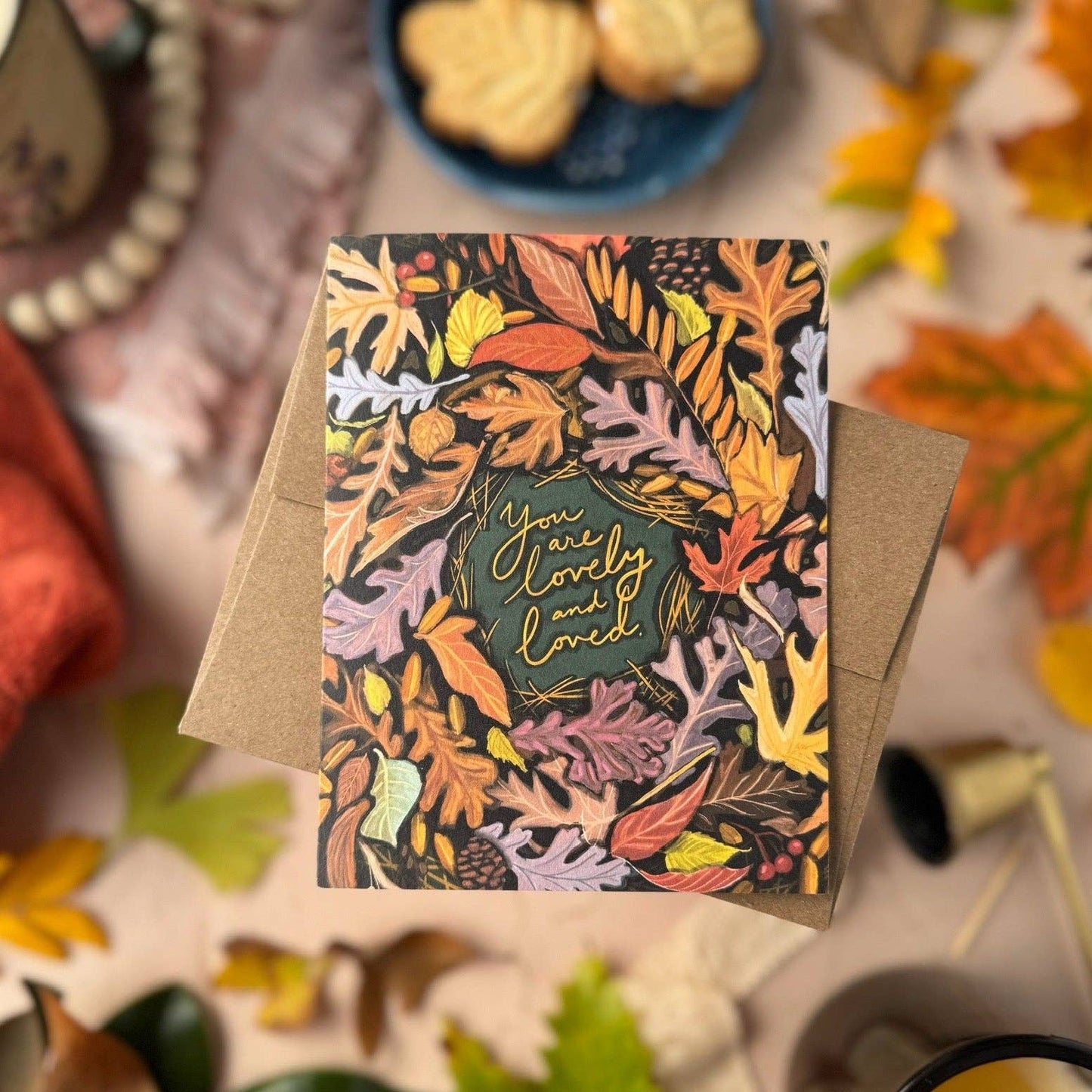 You Are Lovely And Loved Leaf Wreath Card