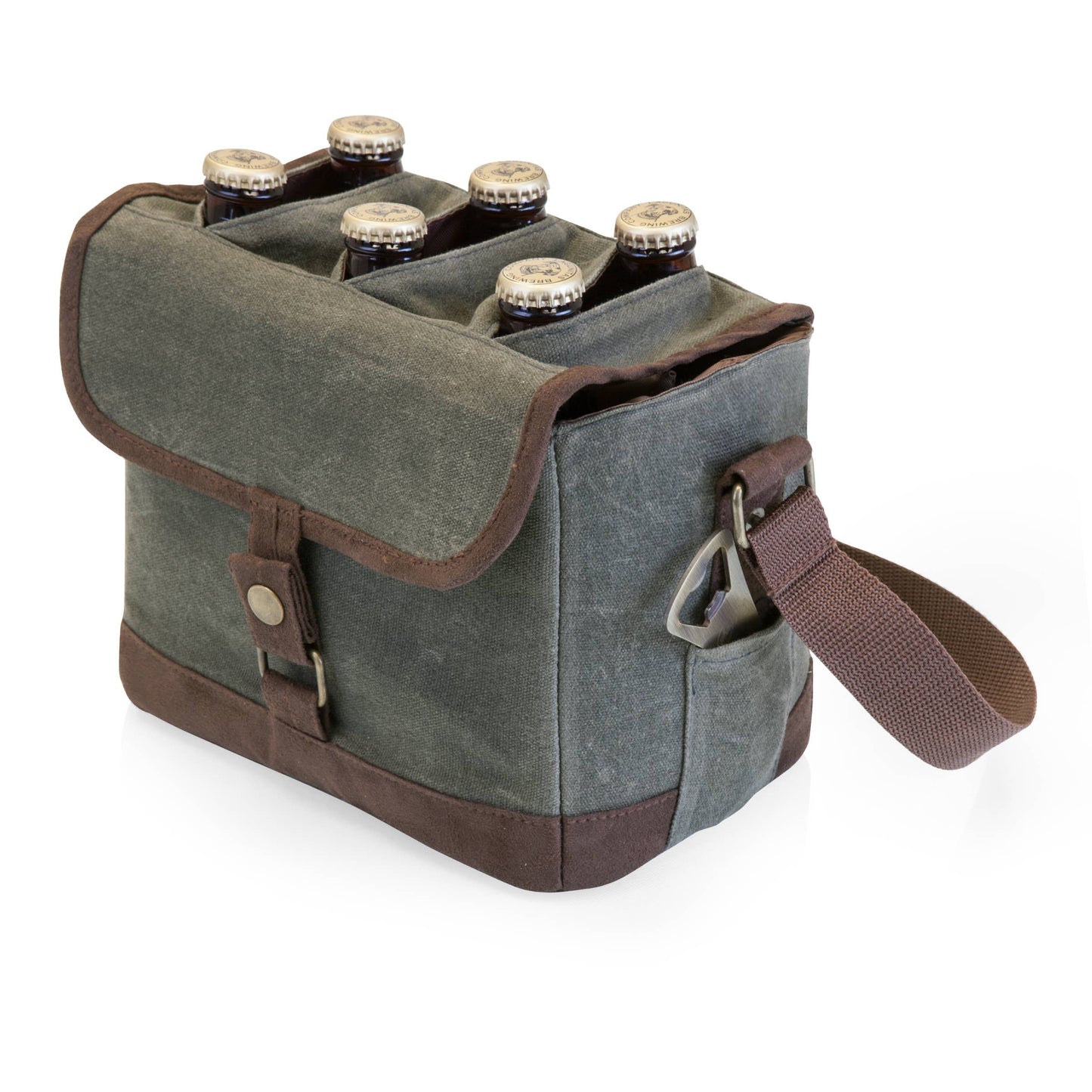 Beer Caddy Cooler Tote with Opener: Black with Brown Accents