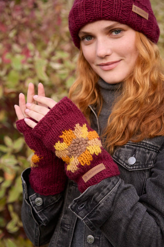 Sunflower Fingerless Gloves Burgundy Red Floral