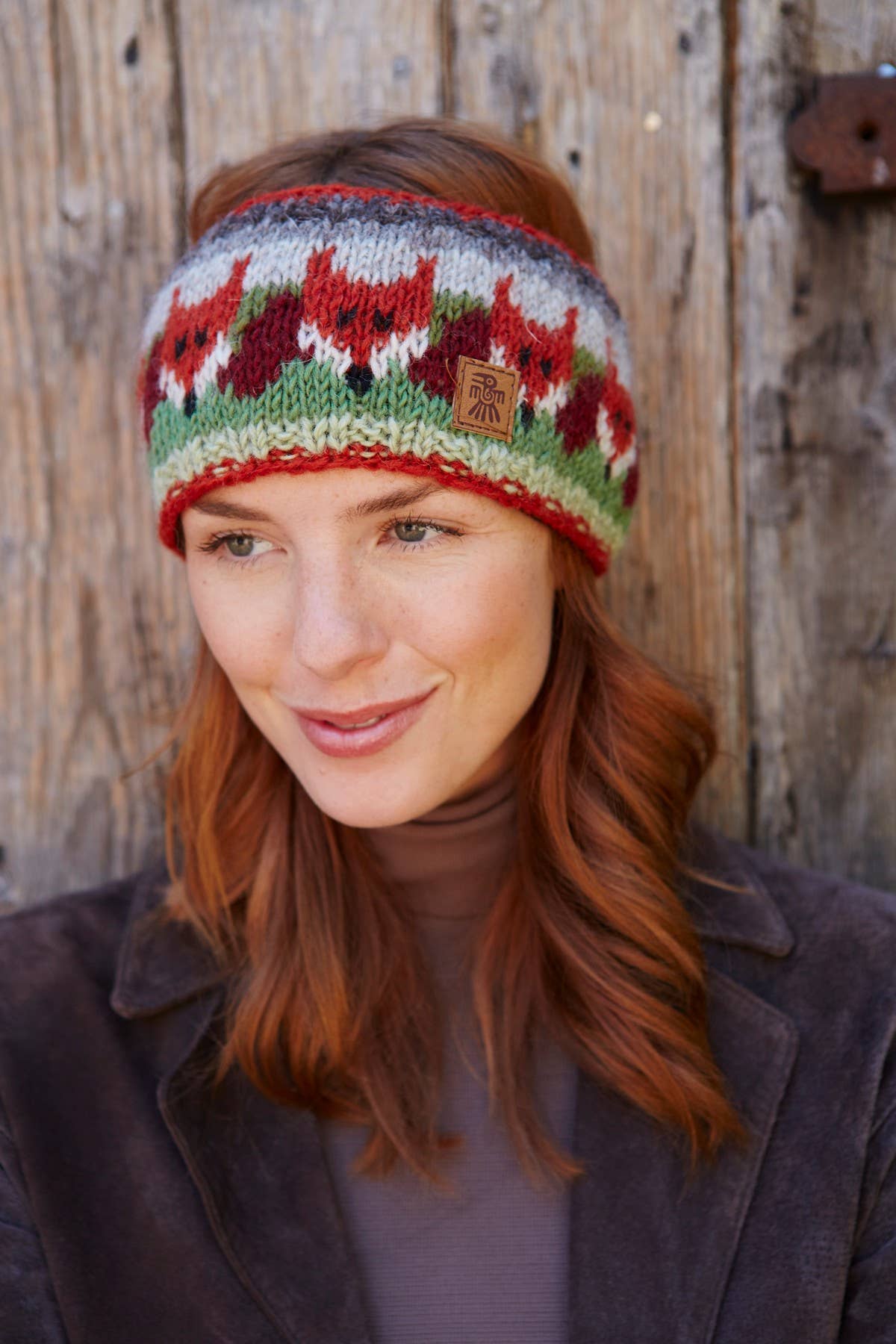 Fair Isle Wool Knit Ear Warmers Red Orange