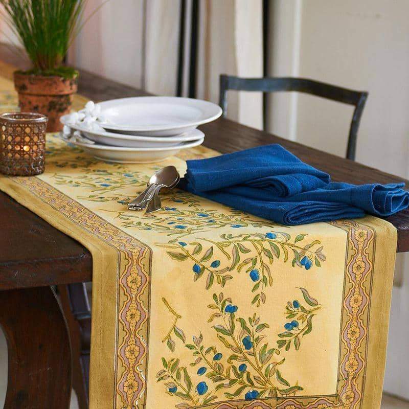 Olive Tree Khaki/Blue Table Runner 16x72