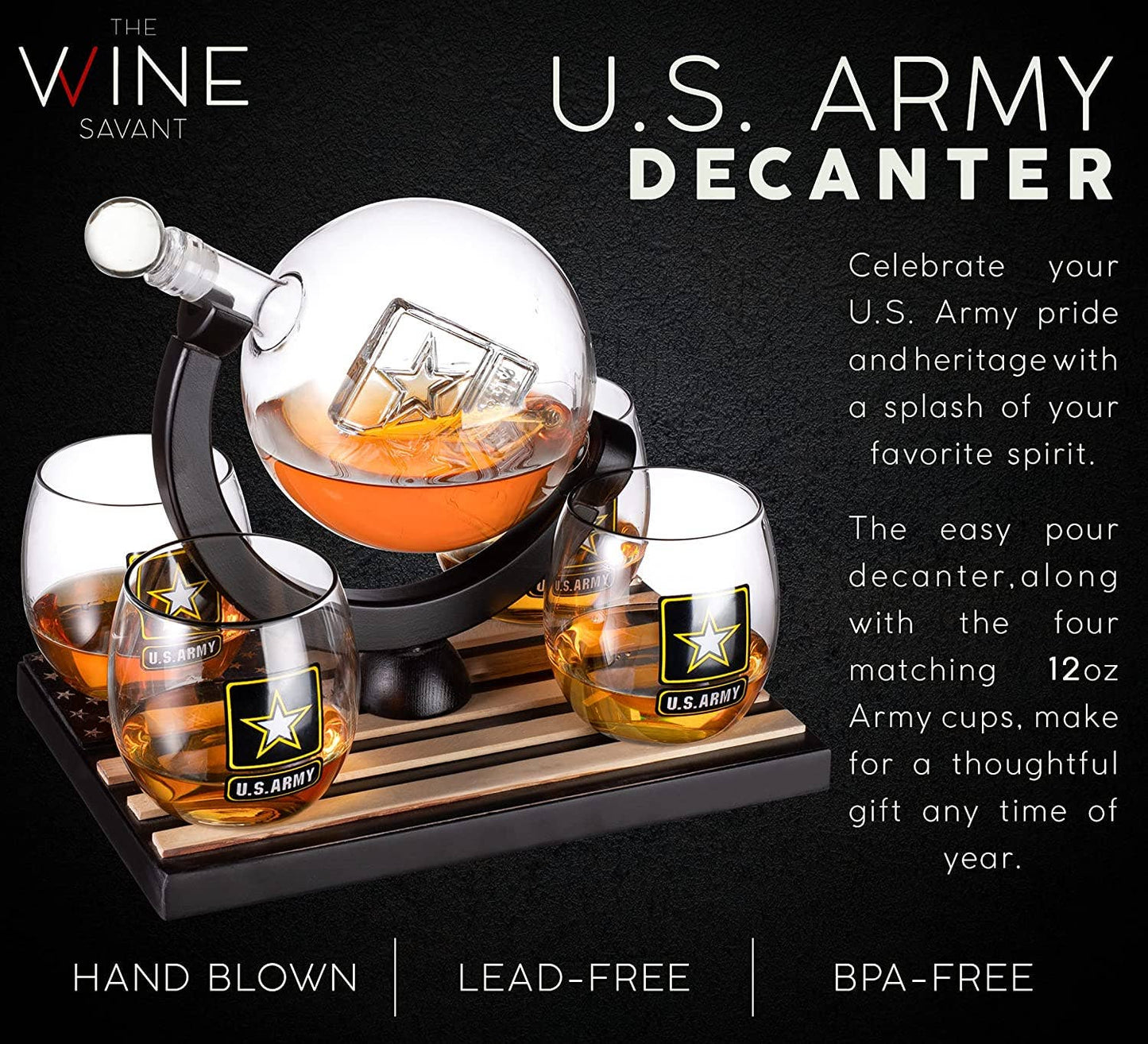 US Army Globe Whiskey Decanter Set W/4 Liquor Glasses