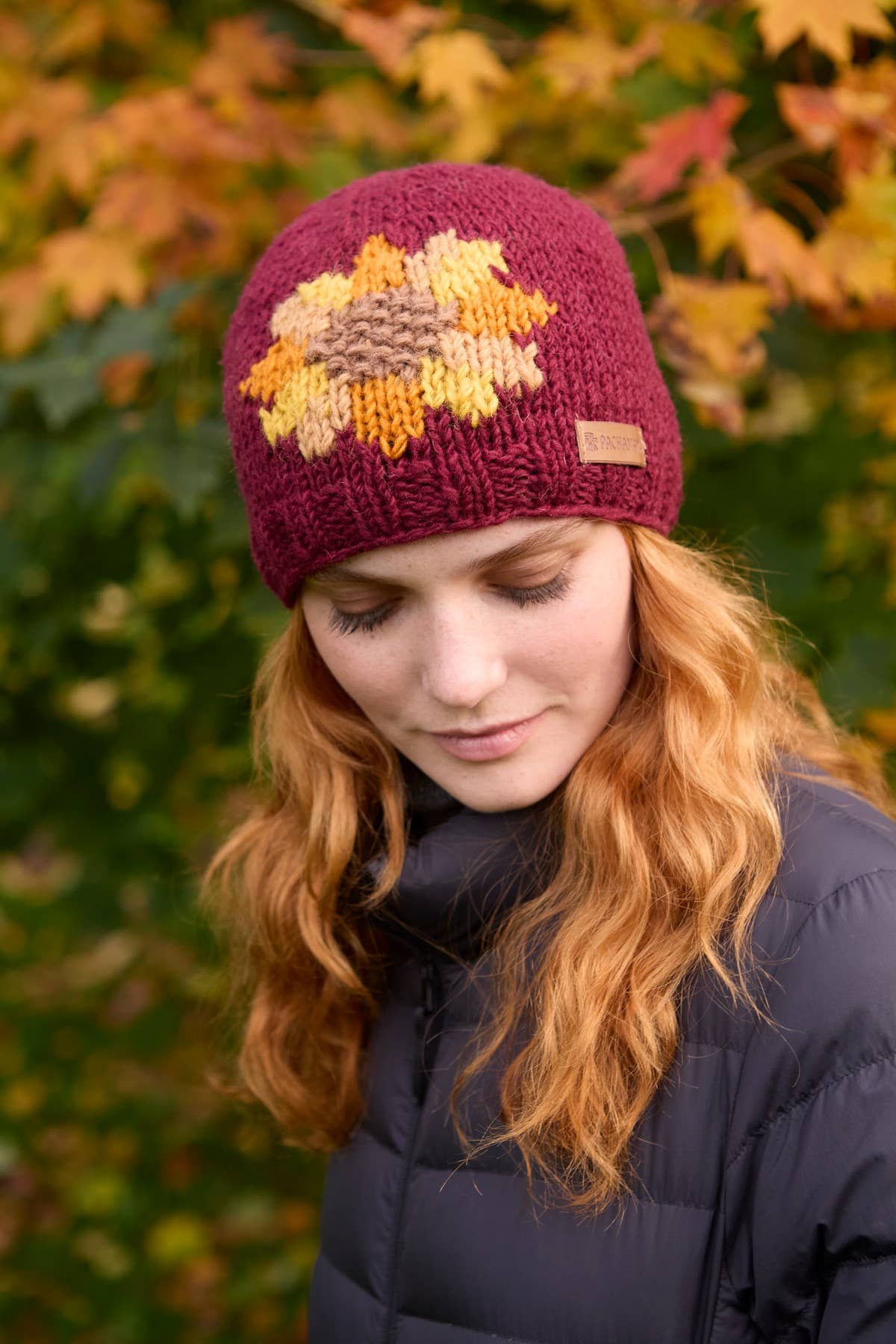 Sunflower Beanie Burgundy Red Floral Motif Burgundy