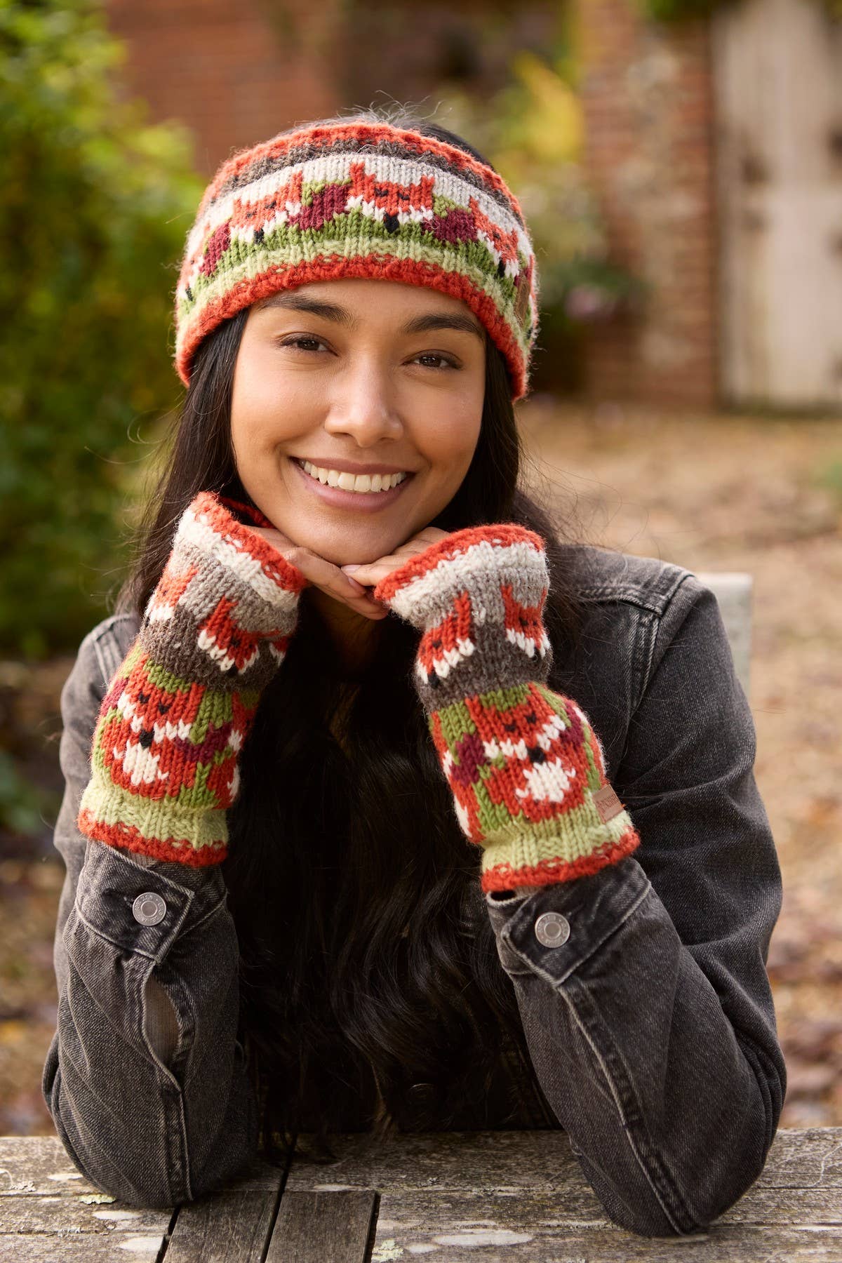 Fair Isle Wool Knit Ear Warmers Red Orange