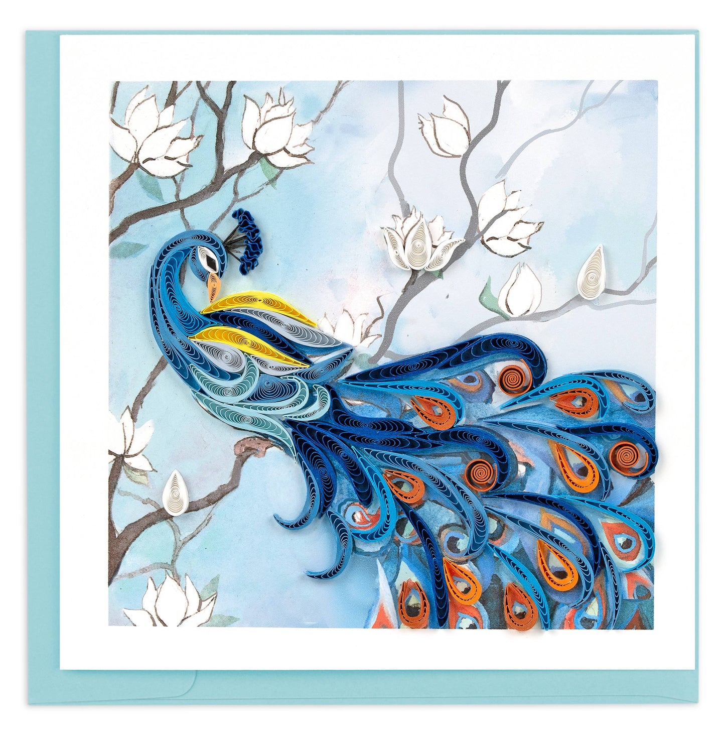 Quilled Peacock with White Flowers Greeting Card