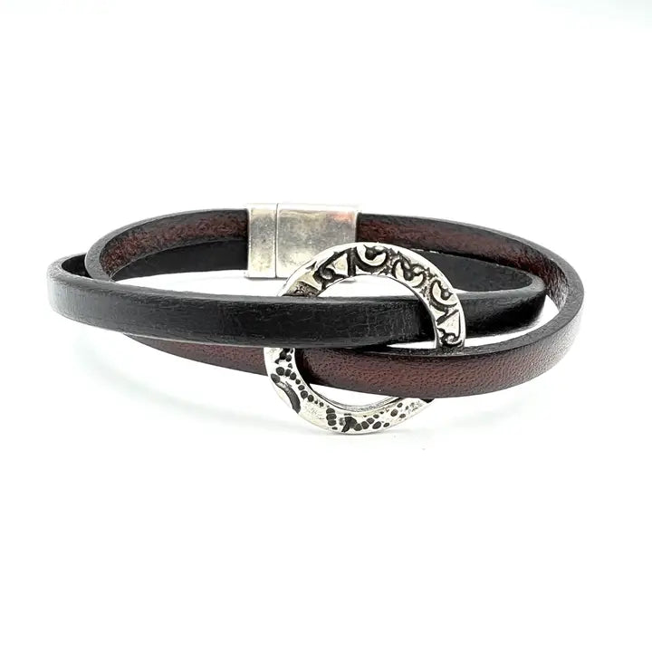 Encircled Woven Leather Bracelet Black/Mahogany Small