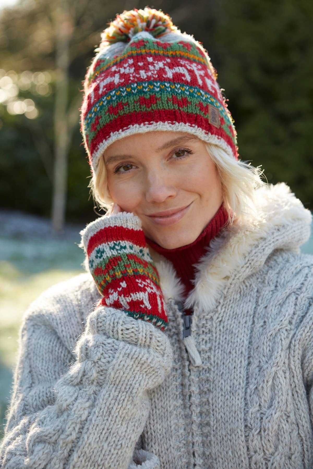 Christmas Reindeer Bobble Hat Festive Red