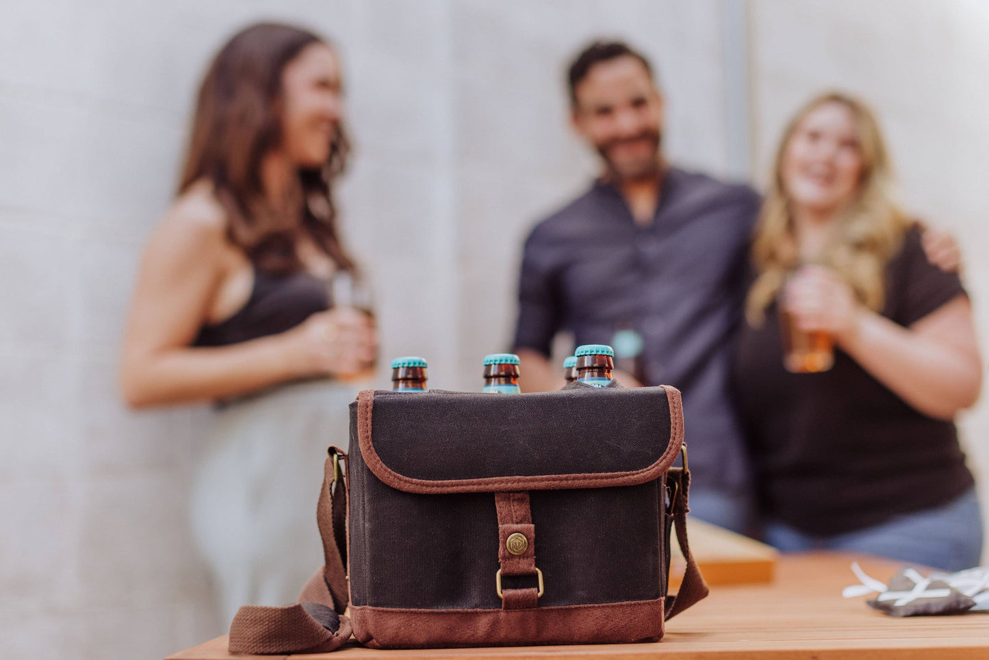 Beer Caddy Cooler Tote with Opener: Black with Brown Accents