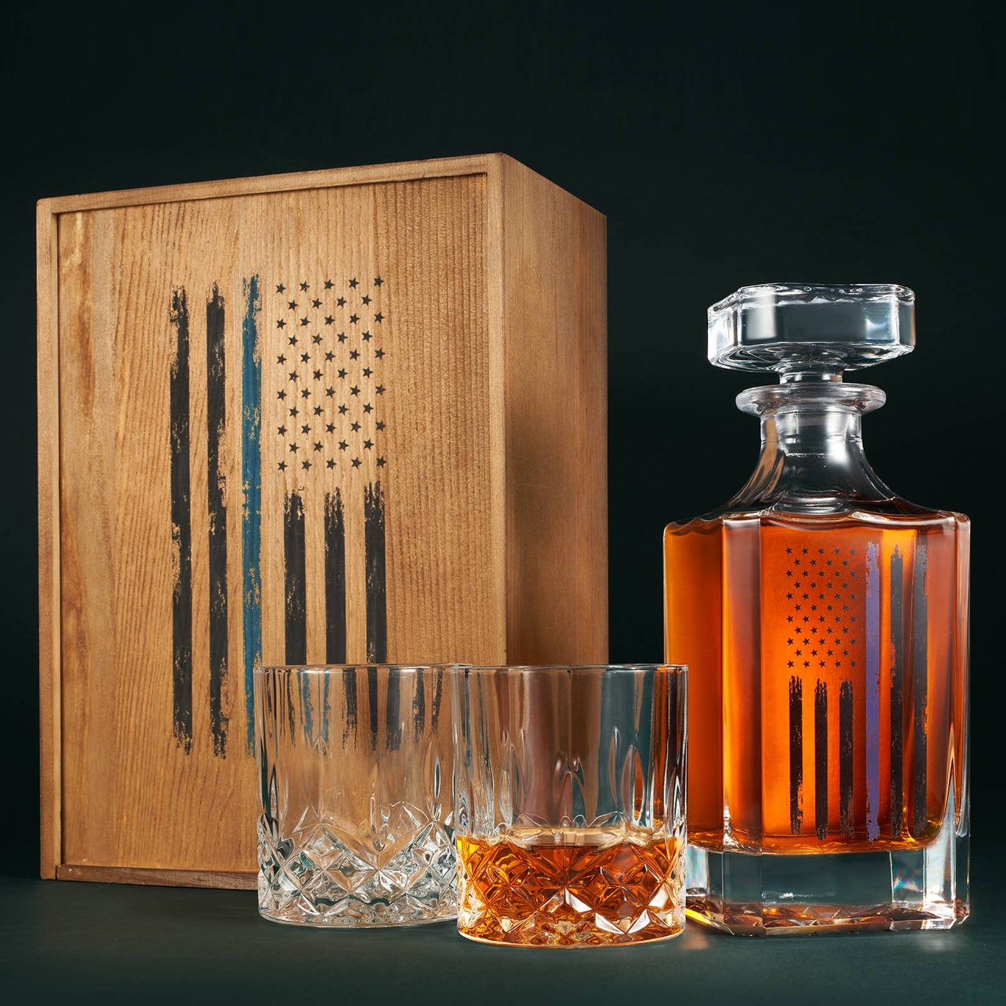 Police Tactical Blue Tattered American Flag Whiskey Gift Set