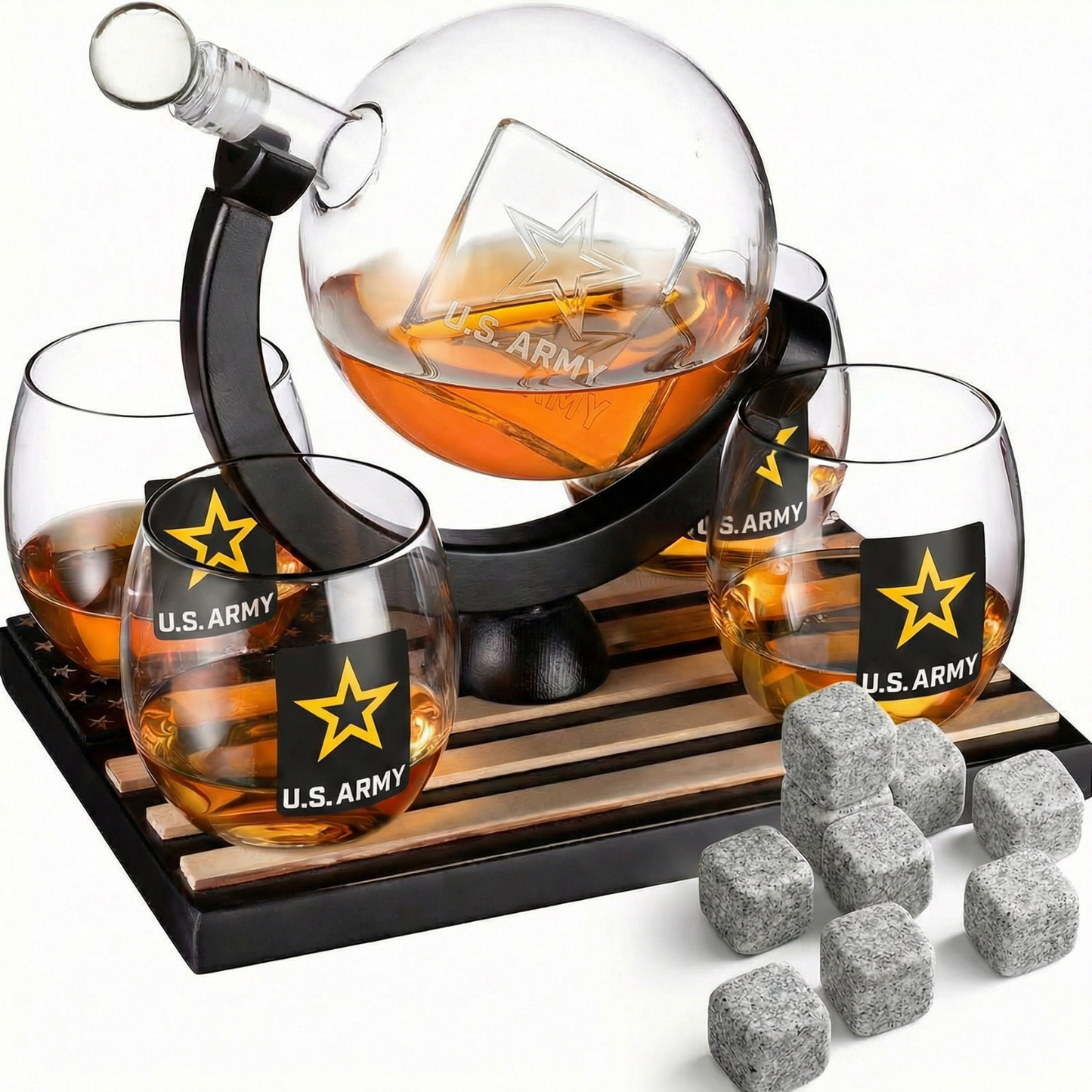 US Army Globe Whiskey Decanter Set W/4 Liquor Glasses