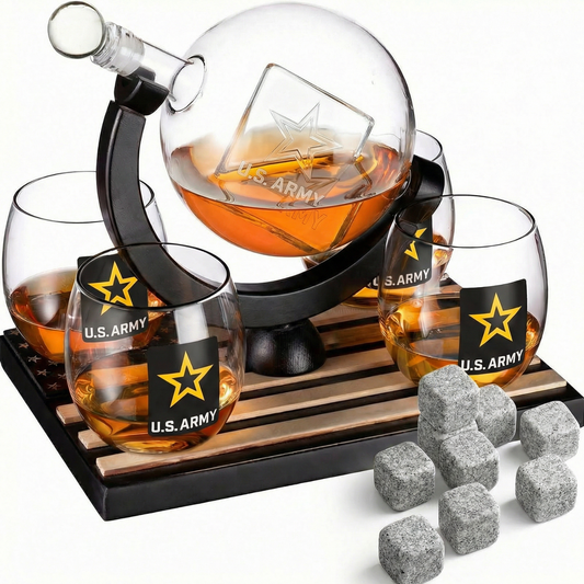 US Army Globe Whiskey Decanter Set W/4 Liquor Glasses