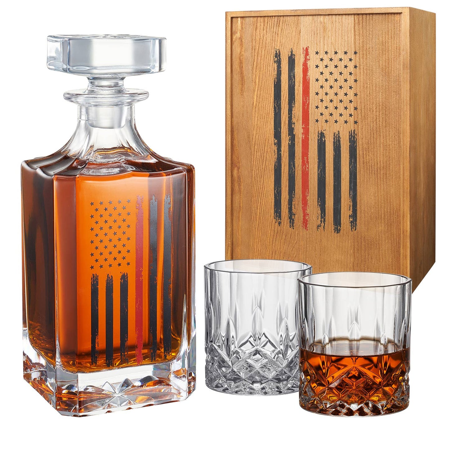 Firefighter Tactical Red Tattered American Flag Decanter Set