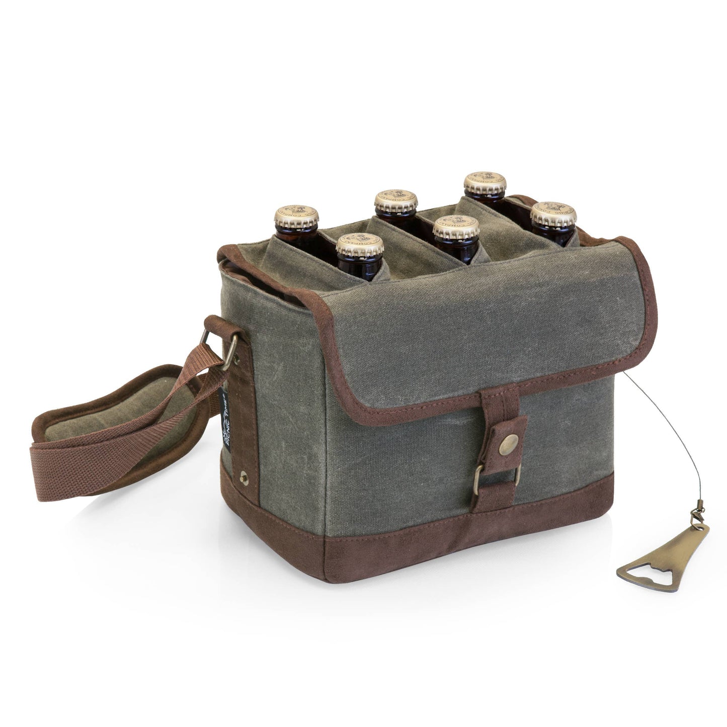 Beer Caddy Cooler Tote with Opener: Black with Brown Accents