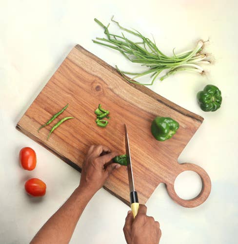 Small Live Edge Acacia Wood Cutting Board w/ Circle Handle