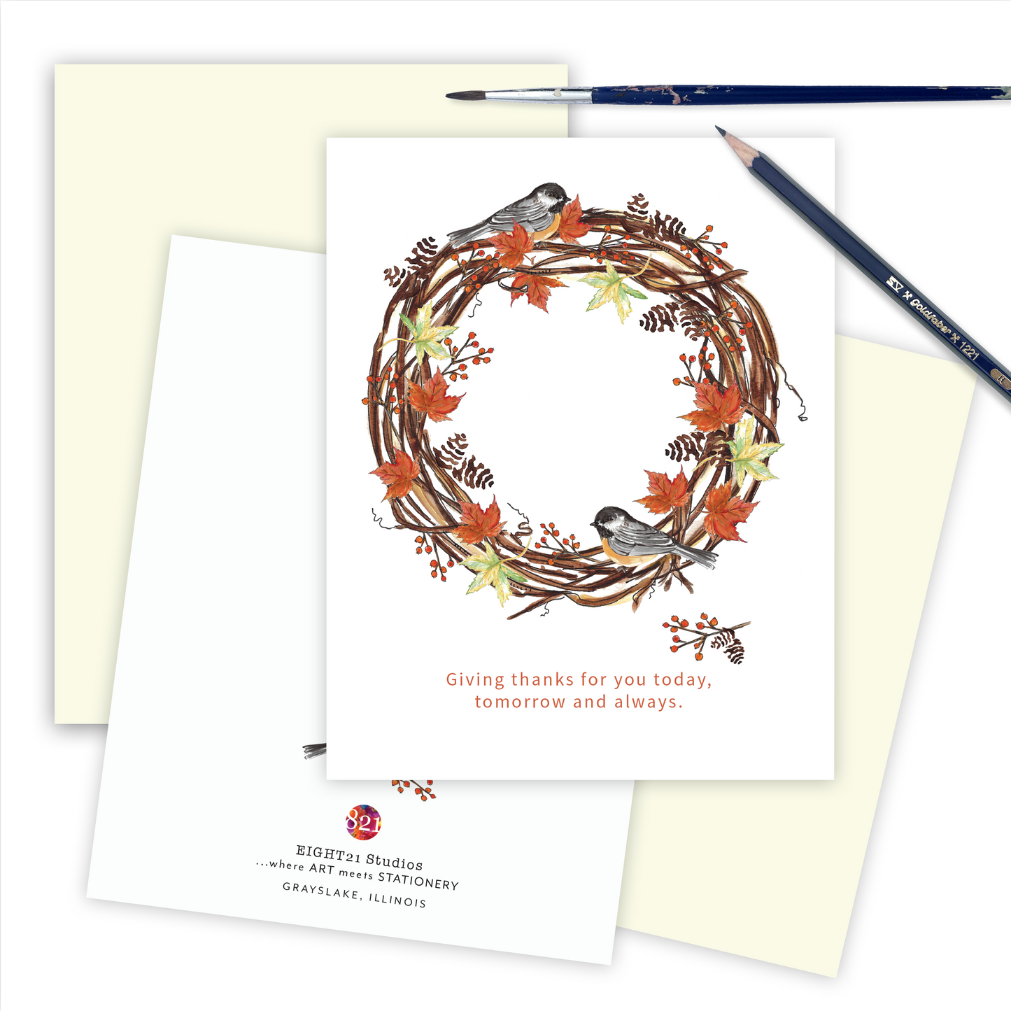 Woodsy Fall Wreath Thanksgiving Birds Thankful Card