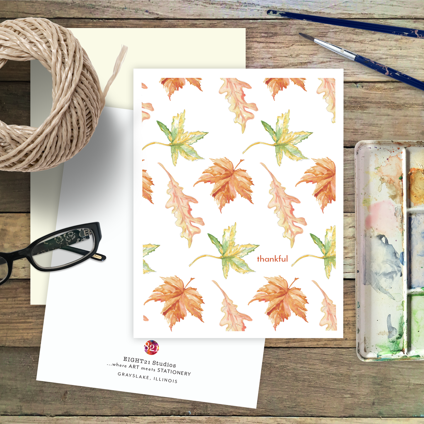 Autumn Fall Leaves Thankful Watercolor Fall Card