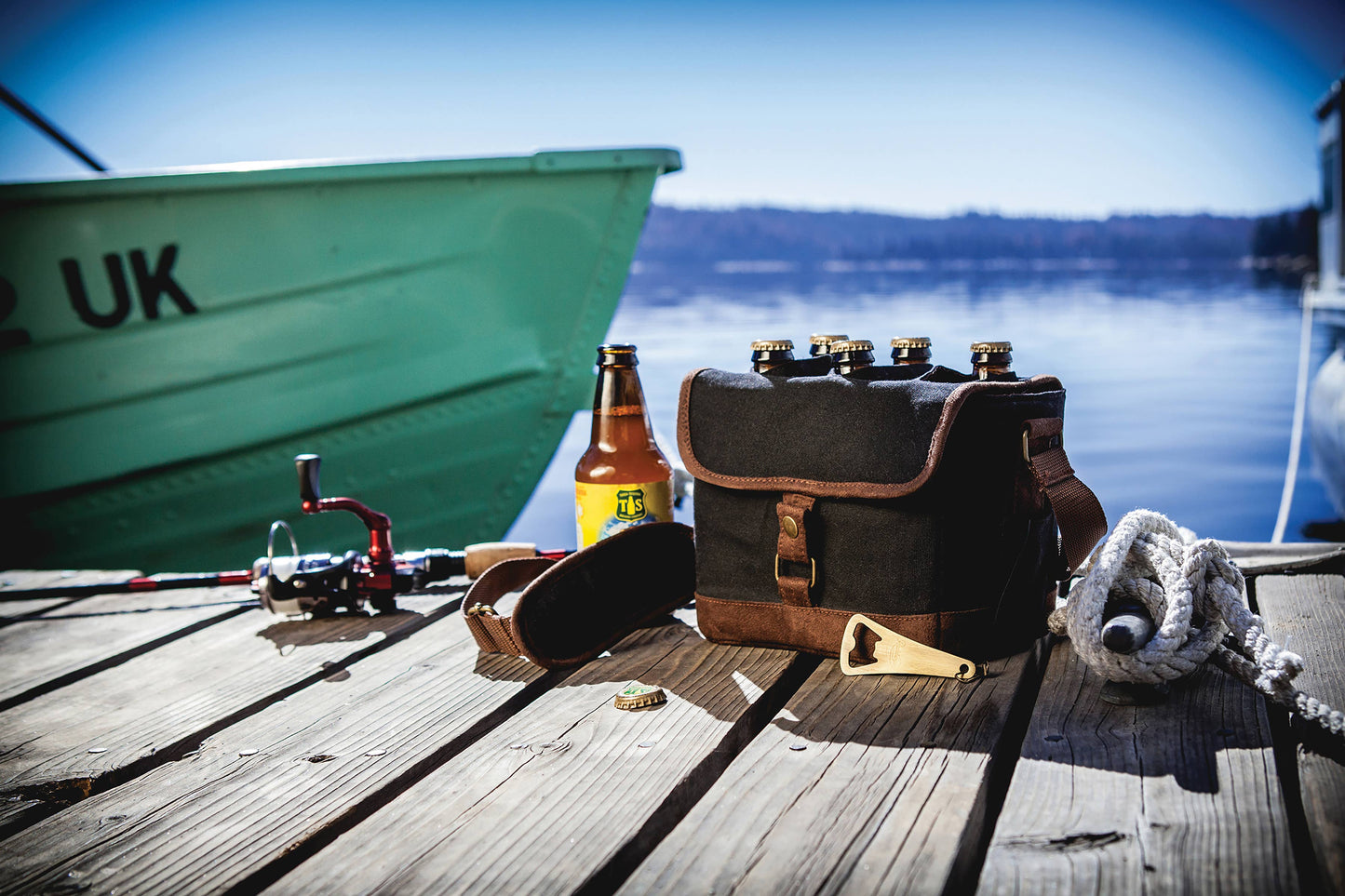 Beer Caddy Cooler Tote with Opener: Black with Brown Accents