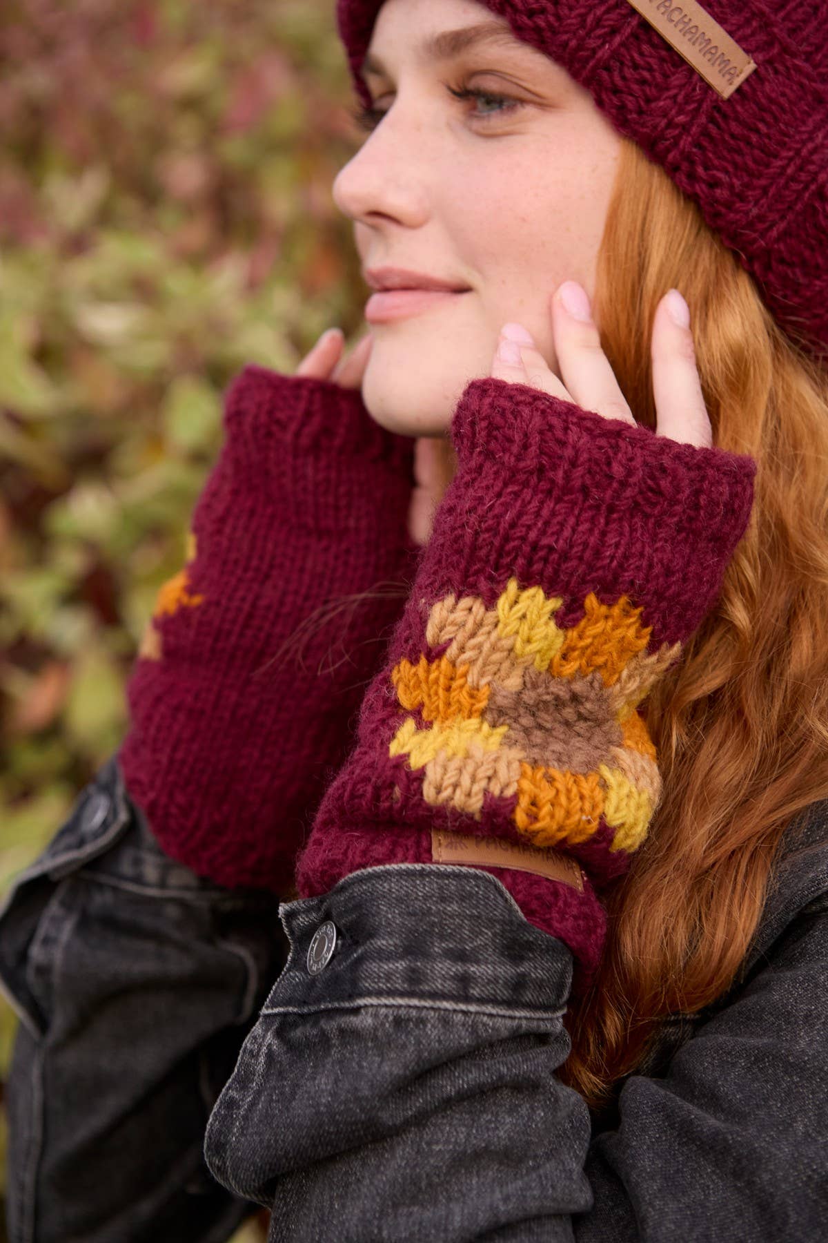 Sunflower Fingerless Gloves Burgundy Red Floral