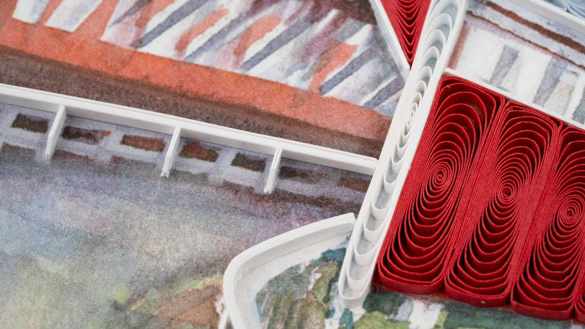 Quilled Red Covered Bridge Greeting Card