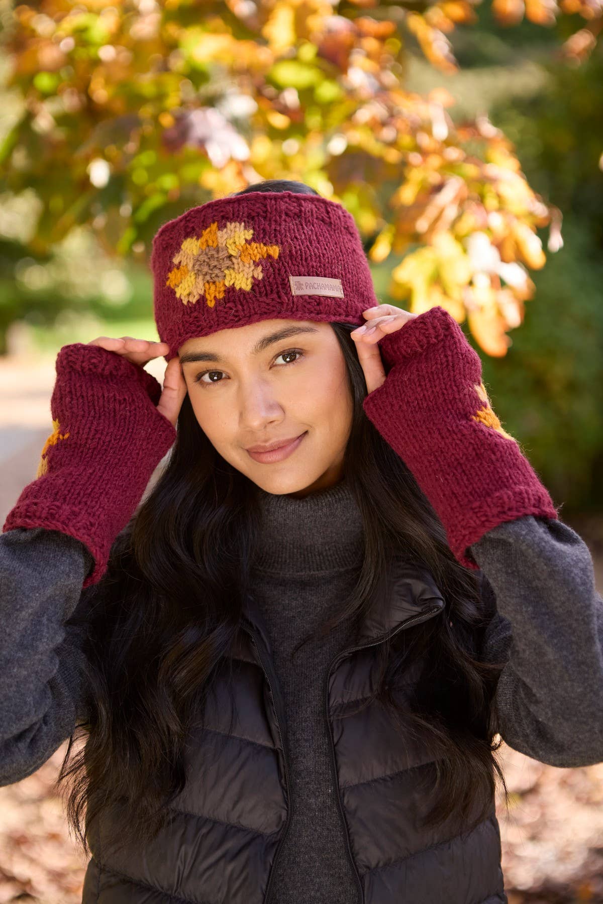 Sunflower Fingerless Gloves Burgundy Red Floral