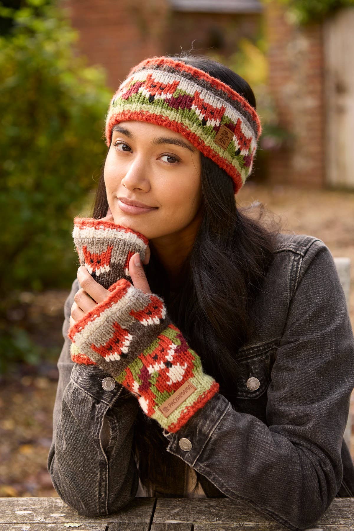 Fair Isle Wool Knit Ear Warmers Red Orange