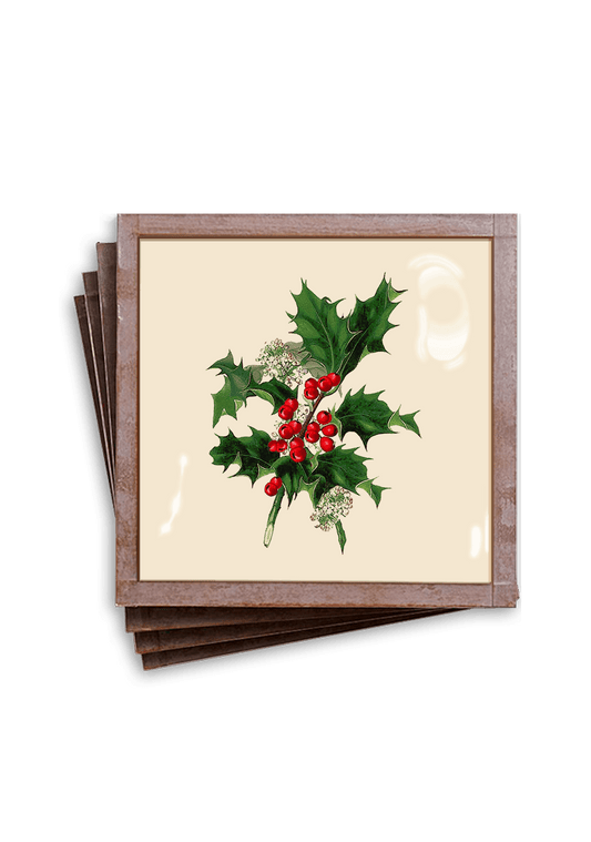 Holly Sprig Copper & Glass Coaster Set/4