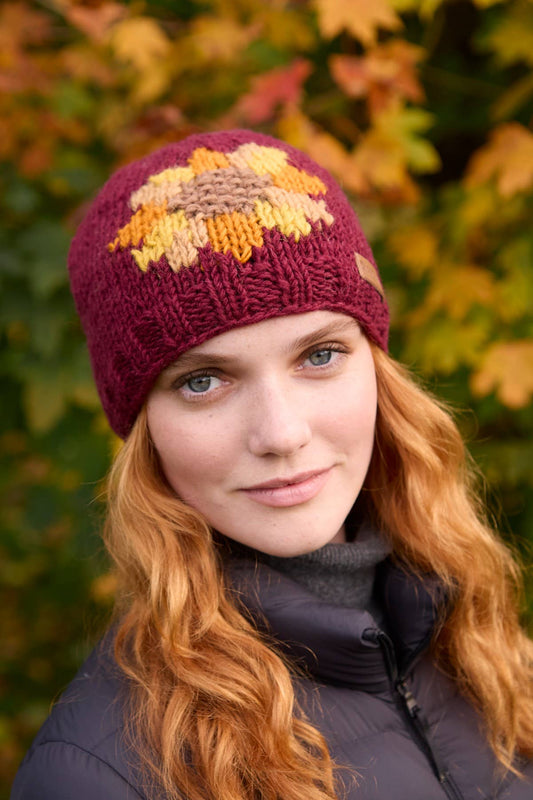 Sunflower Beanie Burgundy Red Floral Motif Burgundy