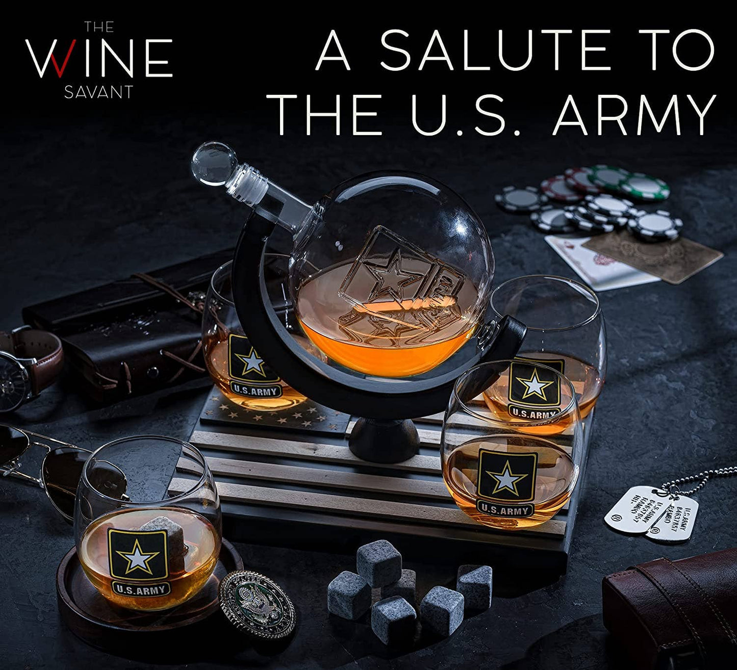 US Army Globe Whiskey Decanter Set W/4 Liquor Glasses
