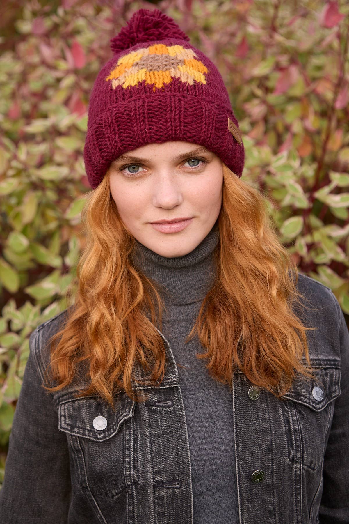 Sunflower Bobble Hat Burgundy Red Floral Motif Burgundy