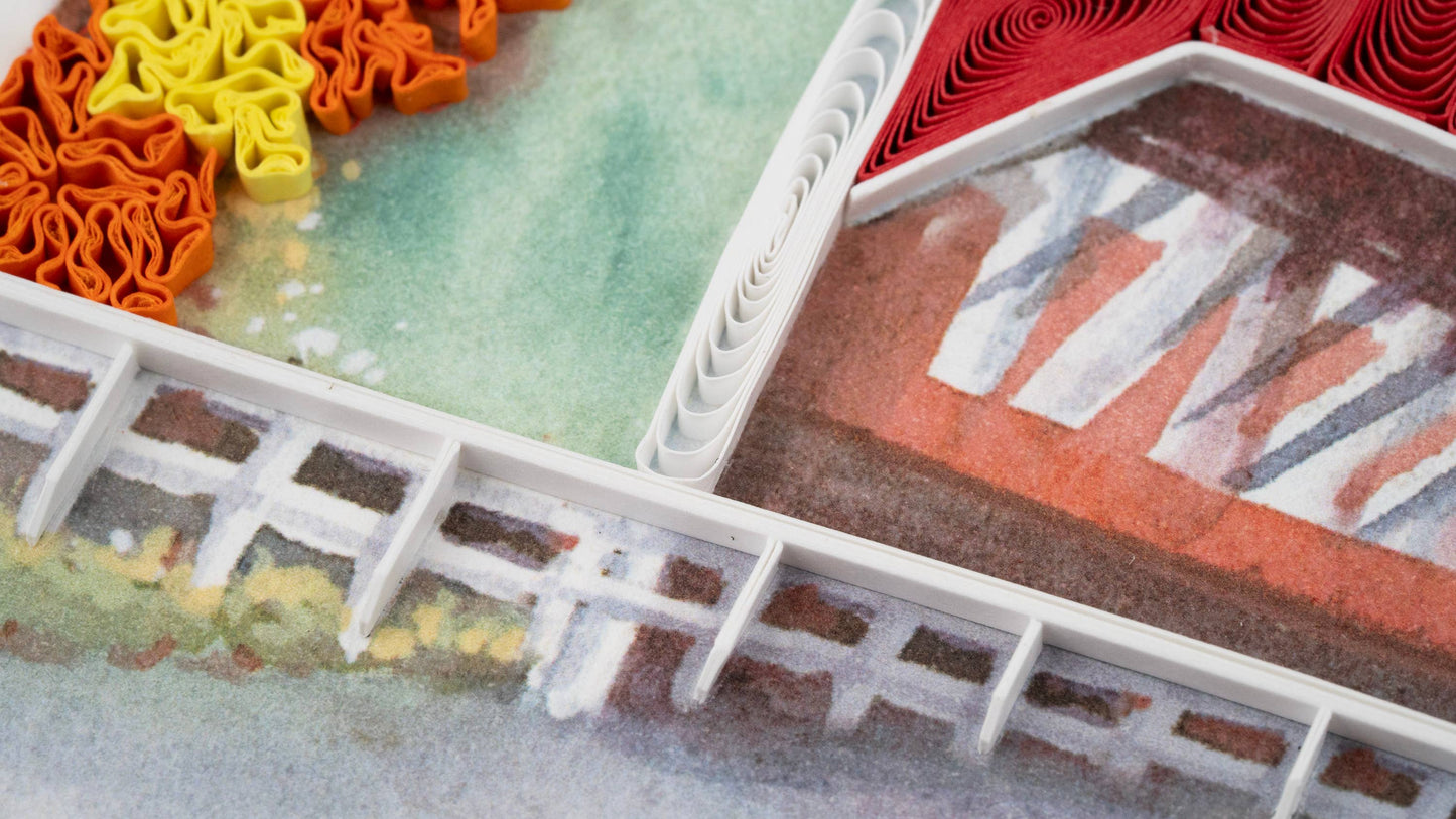 Quilled Red Covered Bridge Greeting Card