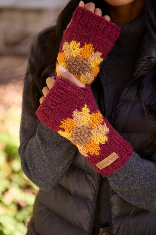 Sunflower Fingerless Gloves Burgundy Red Floral