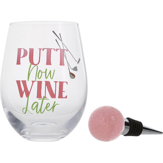 Wine Later - Bottle Stopper and 18 oz Stemless Gift Set